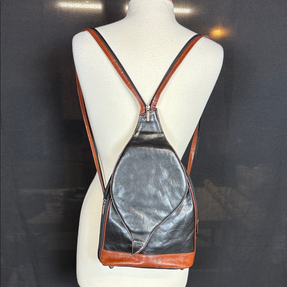 Leather Two-Tone Backpack Purse - Black & Brown